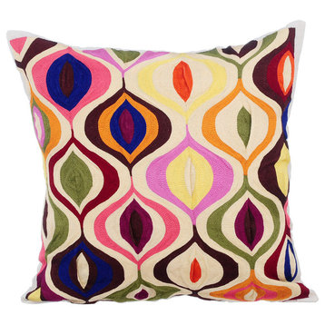 Multi Colored Embroidery 16"x16" Silk Ivory Pillow Cover, Multi Galore