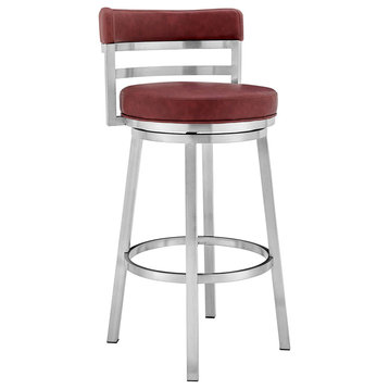 Contemporary Bar Stool, Comfortable Padded Seat and Rounded Back, Red, Counter