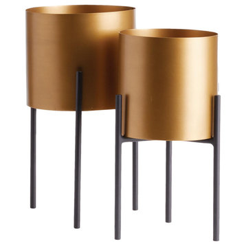 Modern Minimalist Brass Bronze Round Planters on Stands Set of 2 Tripod Cylinder