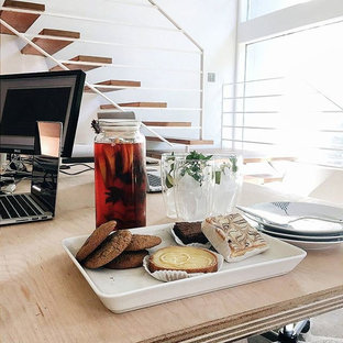 Inspiration for a medium sized modern home studio in Philadelphia with slate flooring, grey floors, white walls, a freestanding desk and no fireplace.
