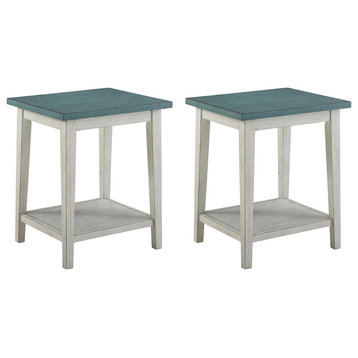 2 Pack End Table, Transitional Design With Shelf & Acacia Top, Light Green/White