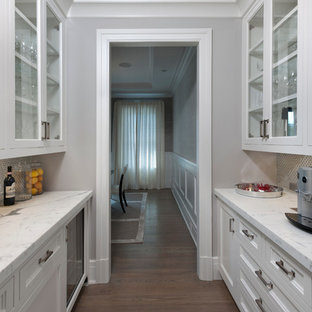 Свежая идея для дизайна: маленькая параллельная кухня в стиле современная классика с кладовкой, фасадами с утопленной филенкой, белыми фасадами, врезной раковиной, мраморной столешницей, фартуком цвета металлик, белой техникой и паркетным полом среднего тона - отличное фото интерьера