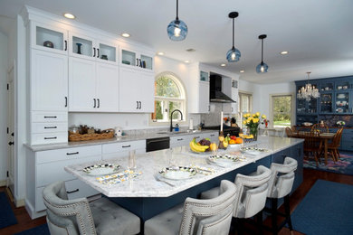 Example of a large classic galley dark wood floor and brown floor eat-in kitchen design in Philadelphia with a single-bowl sink, flat-panel cabinets, white cabinets, quartz countertops, white backsplash, quartz backsplash, black appliances, an island and white countertops