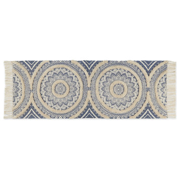 French Blue Printed Natural Hand-Loomed Shag Rug Runner 2Ft 3Inx6Ft
