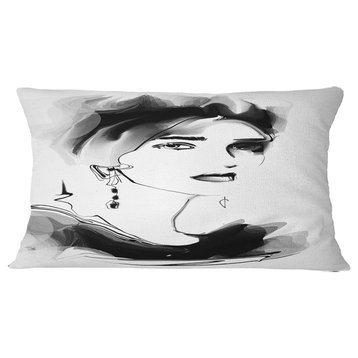 Pretty Woman Black Abstract Portrait Throw Pillow, 12"x20"