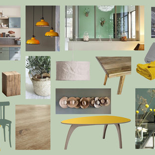 Diseño de salón abierto, mediterráneo, de tamaño medio, con suelo vinílico, televisor independiente y suelo beige