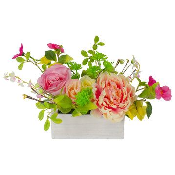 14-Inch Pink & Yellow Artificial Roses & Peony Floral  Arrangement in Planter