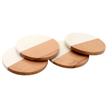 Fusion Wood and White Marble Effect 4 pieces Coaster Set