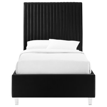 Inspired Home Shemar Bed, Velvet Upholstered Deep Channel Tufted, Black, Twin Xl