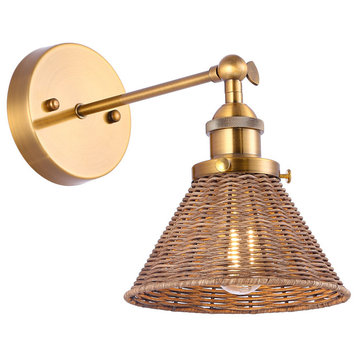 1-Light Farmhouse Gold Wall Sconce With Rattan Style Shade