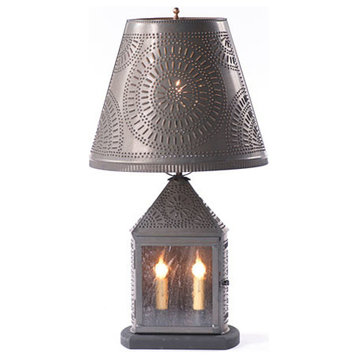 Punched Tin Lantern Harbor Lamp With Seedy Glass and Shade, Chisel Pattern