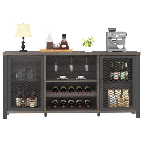 Rustic Bar Cabinet With Bottle Storage and Double Mesh Door Design, Dark Gray Oak
