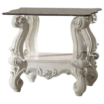 ACME Versailles End Table, Bone White and Clear Glass