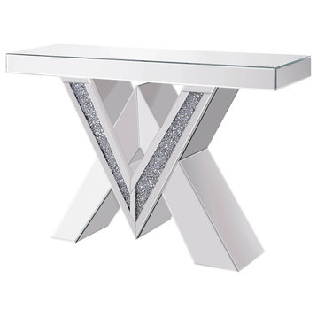 Wood And Mirror Console Table With Interlocking V Shape Base, Clear