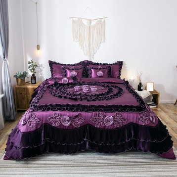 Purple Midnight Bloom Faux Satin Ruffle Comforter Set, Cal King