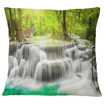 Erawan Waterfall in Kanchanaburi Photography Throw Pillow, 18"x18"