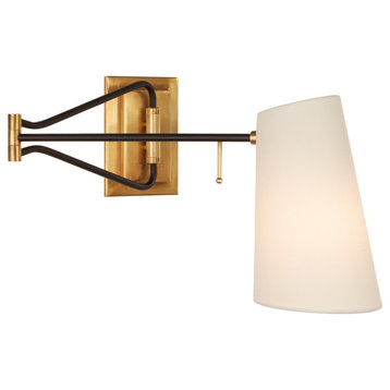 Keil Swing Arm Wall Light in Hand-Rubbed Antique Brass and Black with Linen Shad