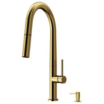 VIGO Greenwich Pull Down Kitchen Faucet With Soap Dispenser, Matte Brushed Gold