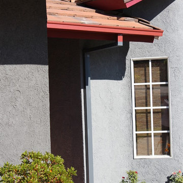 Seamless Box Style Gutters, Colonial Red, Storm Gray Downspouts