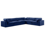 Meridian Furniture - Comfy Upholstered L-Shaped Modular Sectional, Navy, 6-Piece: 3 Armless Chair, 3 Corner Chair, Velvet - Give your space a whole new look with this navy Comfy velvet sectional. This handsome sectional fits nicely with other items in the Comfy collection and is a versatile seating option designed for adaptability, comfort and style. Wrapped in rich navy durable velvet upholstery, this sectional offers a plush embrace of overstuffed down feather cushions, carefully crafted to deliver the highest level of comfort. The perfect seat for creating an oasis for relaxation, this sectional has thick foam surrounding its frame for added support and coziness.