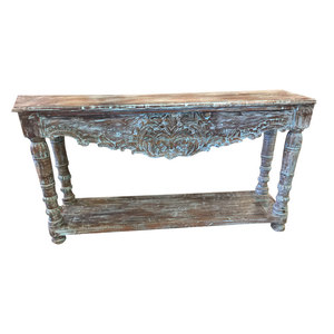 Mogul Interior - Consigned Antique Blue Lagoon Console Table Turquoise Buffet Sofa Accent Table - Console Tables