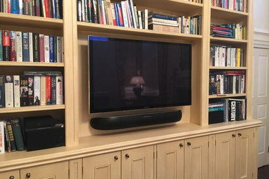 Inspiration for a large classic formal living room in West Midlands with beige walls, dark hardwood flooring and a wall mounted tv.