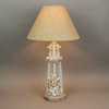 White and Grey Metal Real Shell Lighthouse Table Lamp with Burlap Shade Set of