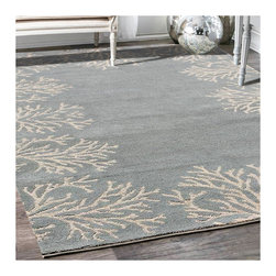 Coral Bordered Rug Blue Rug - Area Rugs