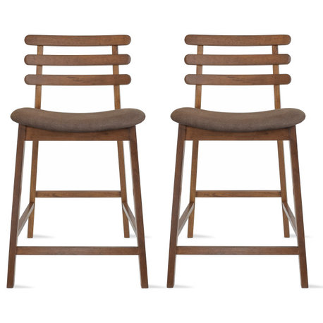 Dark Brown Wood Wooden With Ladder Back Cushion Counter Height Stools, Set of 2, Cappuccino