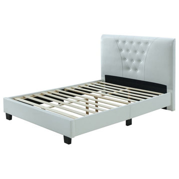 Hodedah Full Platform Bed with Upholstered Headboard and Wooden Frame in White
