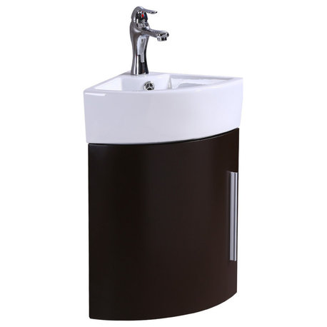 White Corner Vanity Cabinet Sink Oak Finish with Faucet Drain and Overflow