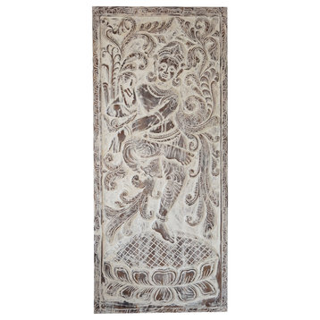 Consigned Vintage Whitewashed Krishna Wall Art, Carved Fluting Krishna on Lotus
