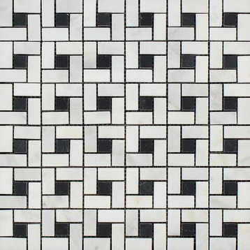 Oriental White / Asian Statuary Marble Honed Pinwheel Mosaic Tile w/ Black Dots
