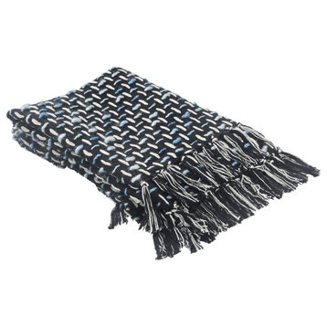 Modern Interwoven Throw Blanket with Fringe, Black/Blue/White