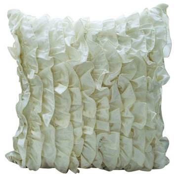 Ivory Satin 12"x12" Vintage Style Ruffles Decorative Pillows Cover, Vintage