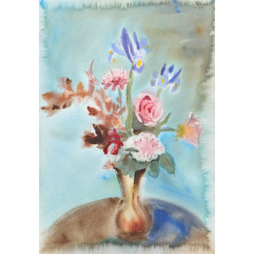 Eve Nethercott "Roses And Irises in Vase, P1.22" Watercolor Painting
