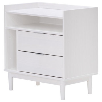 Retro Modern Nightstand, 2 Open Compartments & 2 Storage Drawers, Solid White