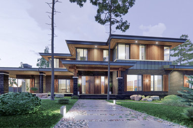 Стильный дизайн: большой, двухэтажный, черный частный загородный дом в современном стиле с комбинированной облицовкой, вальмовой крышей, металлической крышей, серой крышей и отделкой планкеном - последний тренд