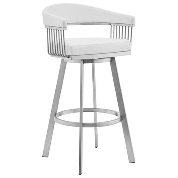 Bronson 26" White Faux Leather and Brushed Stainless Steel Swivel Bar Stool