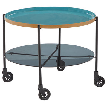 Round Black Metal Wheeled Coffee Table, Teal Enamel Tray Top, Tinted Glass Shelf