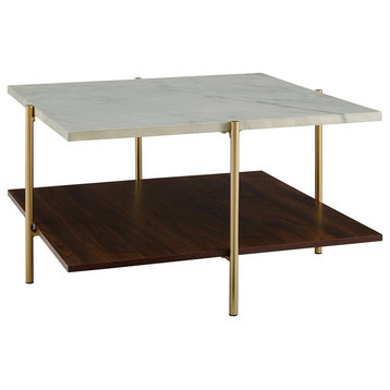 32" Modern Square Coffee Table, Marble and Gold