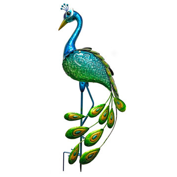 Double Sided Glass and Metal Solar Peacock Outdoor Garden Stake