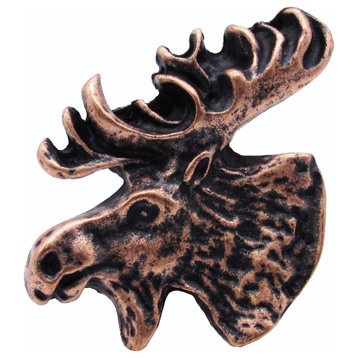 Moose Head Left Facing Cabinet Knob, Antique Copper