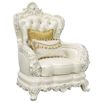 Adara Chair With2 Pillows, White PU and Antique White Finish