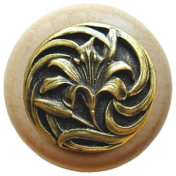 Tiger-Lily Natural Maple Wood Knob, Unfinished With Antique-Style Brass