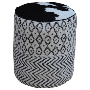 Black and White Patterned Round Pouf, UMA, With Cowhide Top