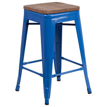 24" Backless Metal Counter Height Stool With Square Wood Seat, Blue