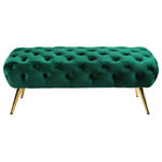 Meridian Furniture - Amara Velvet Upholstered Bench, Green - Inject Hollywood glam into your space with this Amara Green Velvet Bench. Its rich velvet upholstery gives it a sleek, modern look while stainless steel legs with a gold finish add to its lavish appearance. This bench has a wide seat with a plump cushion that cradles your body in comfort while you unwind and relax. The button-tufted top keeps the material inside from shifting, so it stays aloft and ready to comfort you as you sit.