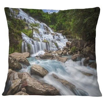 White Mae Ya Waterfall Landscape Photography Throw Pillow, 16"x16"