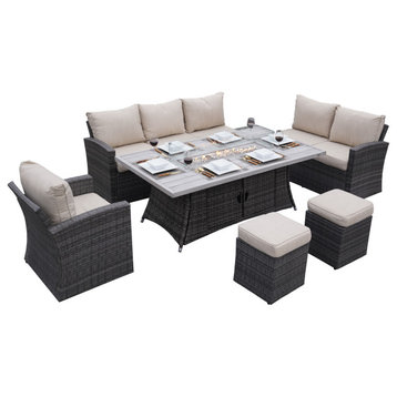 7-Piece Patio Conversational Sofa Set With Aluminium Firepit Table, Gray